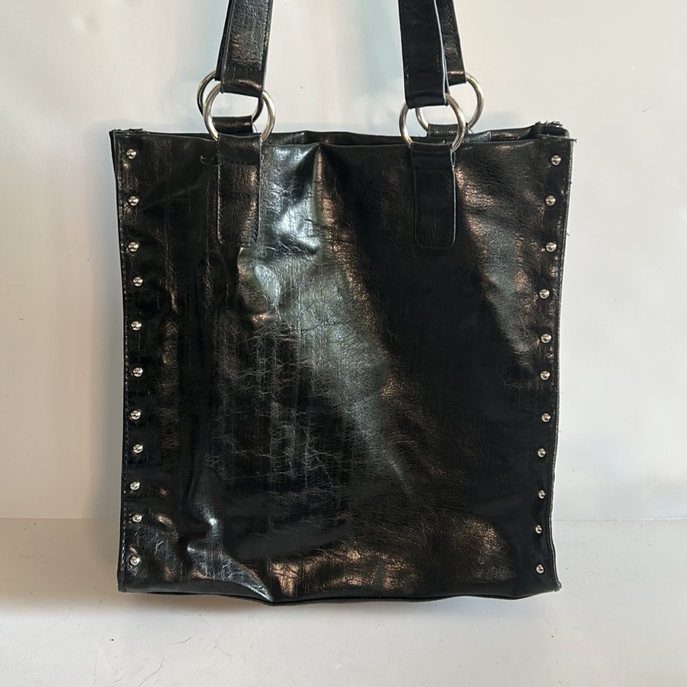 Black vegan studded handbag/purse/tote. Great for travel or laptop. Sassy! - Picture 5 of 11